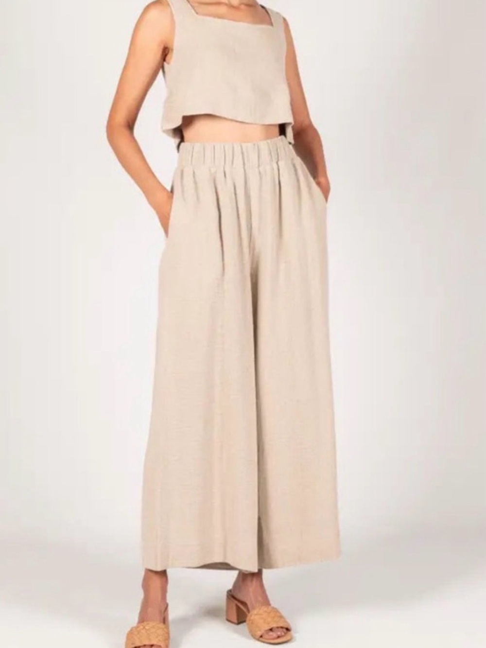 P Cill Wide Leg Cream Oatmeal Colored Cropped Pants SZ L Linen Blend Resortwear